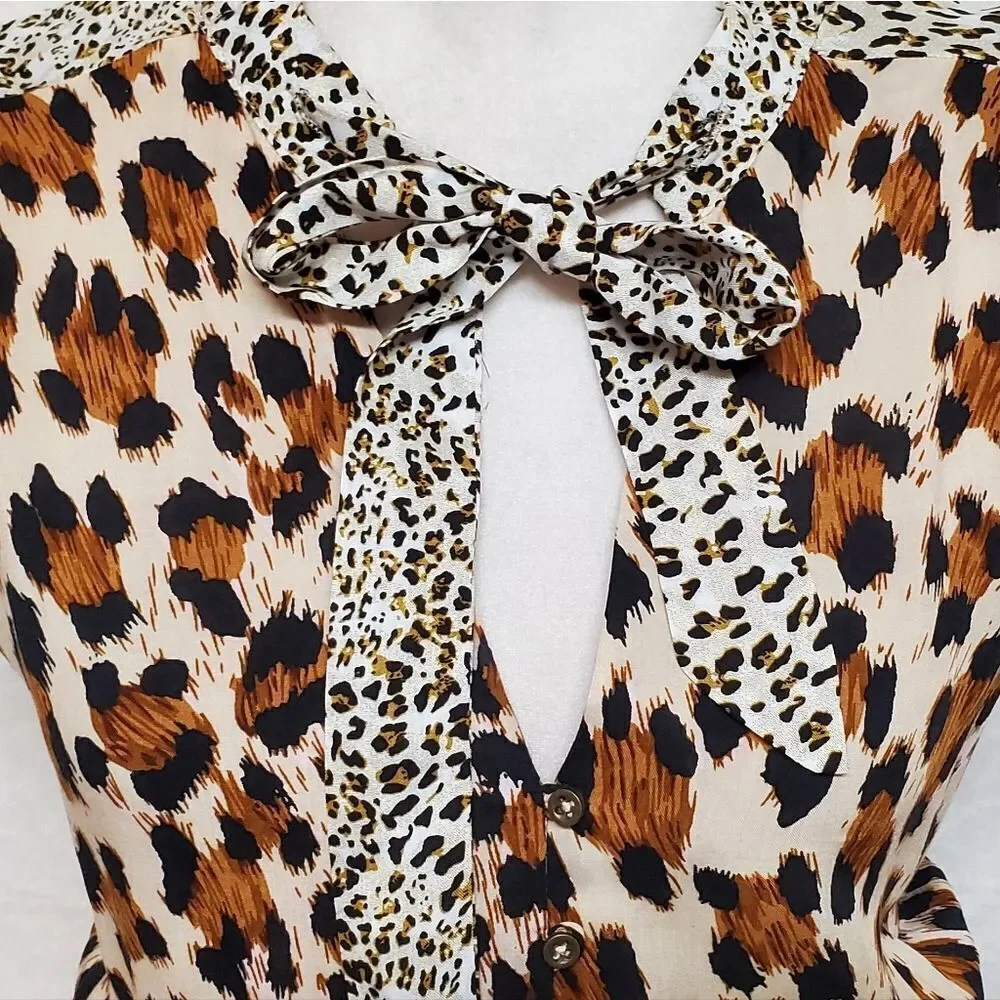 LEOPARD Cheetah Print Tie-Neck Smocked Waist Sleeveless A-line Mini Dress Large